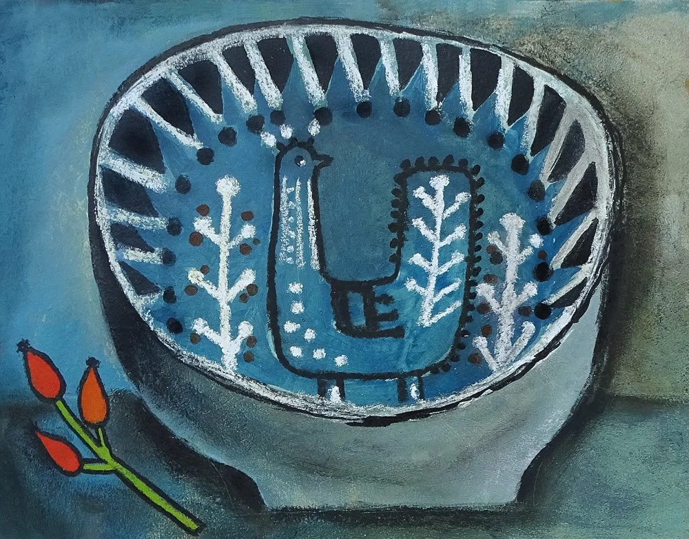 Painting of a clock with a stylized bird and plant designs inside, with red-orange buds on a branch in the lower left corner.