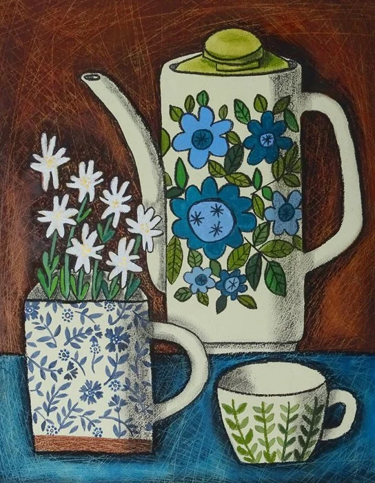 A painted scene featuring a floral teapot, a mug filled with white daisies, and a cup with green leaf patterns, set against a dark background.