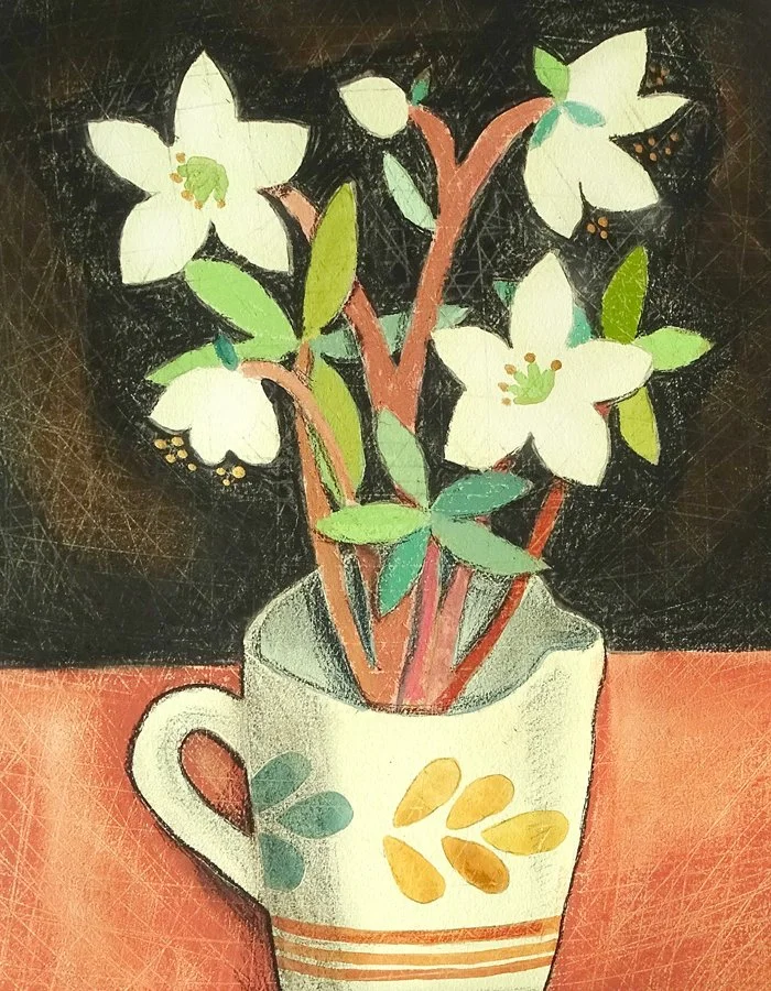 A drawing of white flowers with green leaves in a white mug, with a black background and a red surface underneath.