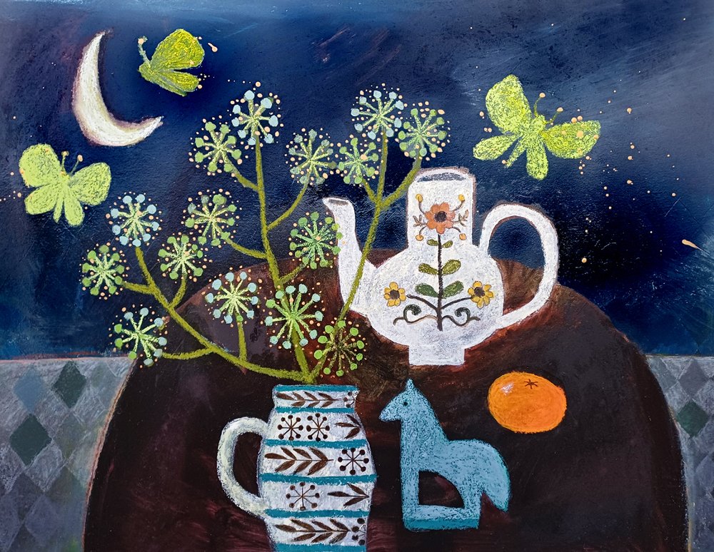Painted still life with a plant, teapot, vase, wooden horse, orange, butterflies, moon, and star against dark blue background.