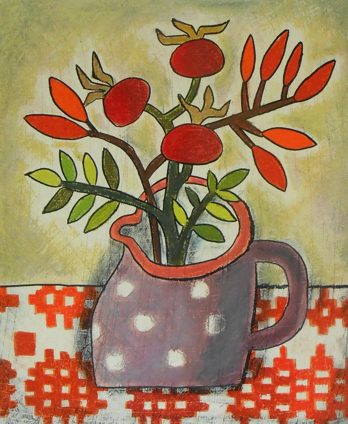 A drawing of potted plant with red and orange berries, green leaves, placed in a polka-dotted pink and white mug on a red patterned tablecloth.