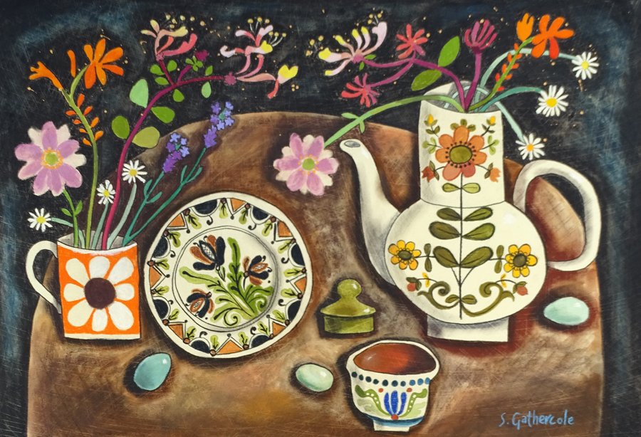 Still life painting featuring a table with two flowered vases, a decorative plate, a small container with a lid, a cup, and several eggs, with a dark background.