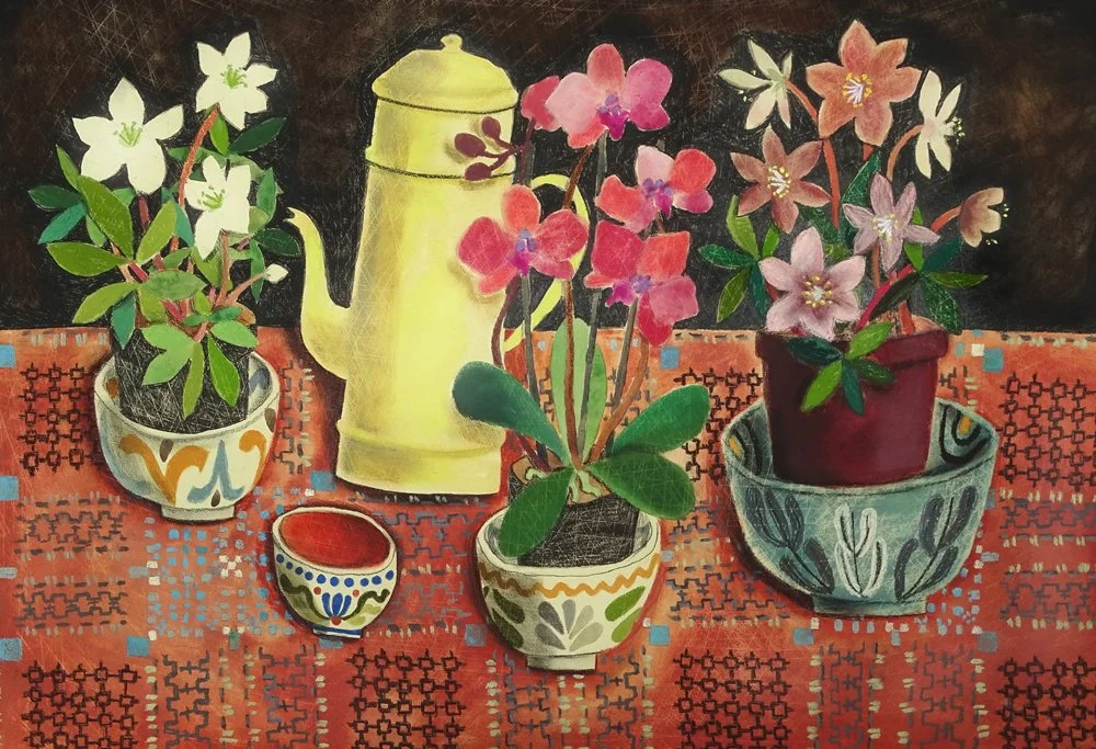 Painting of three potted flowering plants, a yellow watering can, and two small decorative bowls on a patterned orange tablecloth.