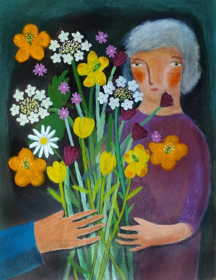 A person with gray hair in a purple shirt holding a bouquet of colorful flowers including yellow, white, purple, and orange blooms, with another hand reaching toward the bouquet.
