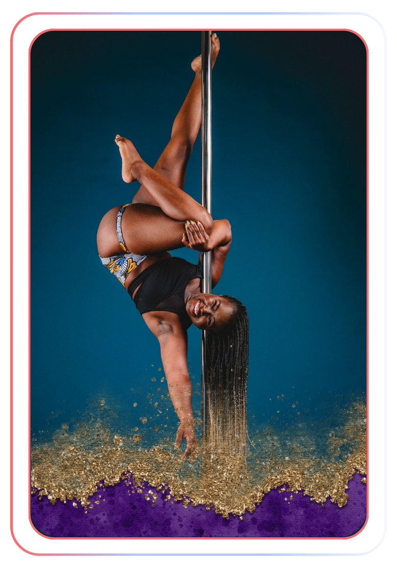A woman performing a pole dance move, hanging upside down with her legs wrapped around the pole and her head and one arm reaching towards the floor, against a dark blue background with colorful, textured border.