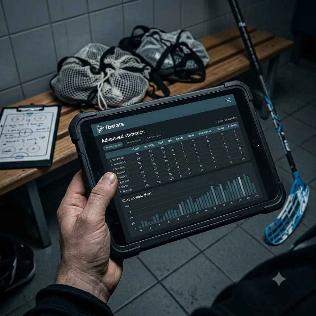 En hand håller i en surfplatta som visar statistik för innebandylag på en skärm. Bakom finns ett omklädningsrum för innebandyspelare.