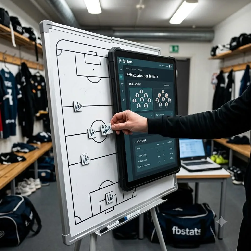 Person som använder en digital taktikplaneringsdisplay på en whiteboard i ett omklädningsrum för innebandy, med lag kläder och träningsutrustning i bakgrunden.