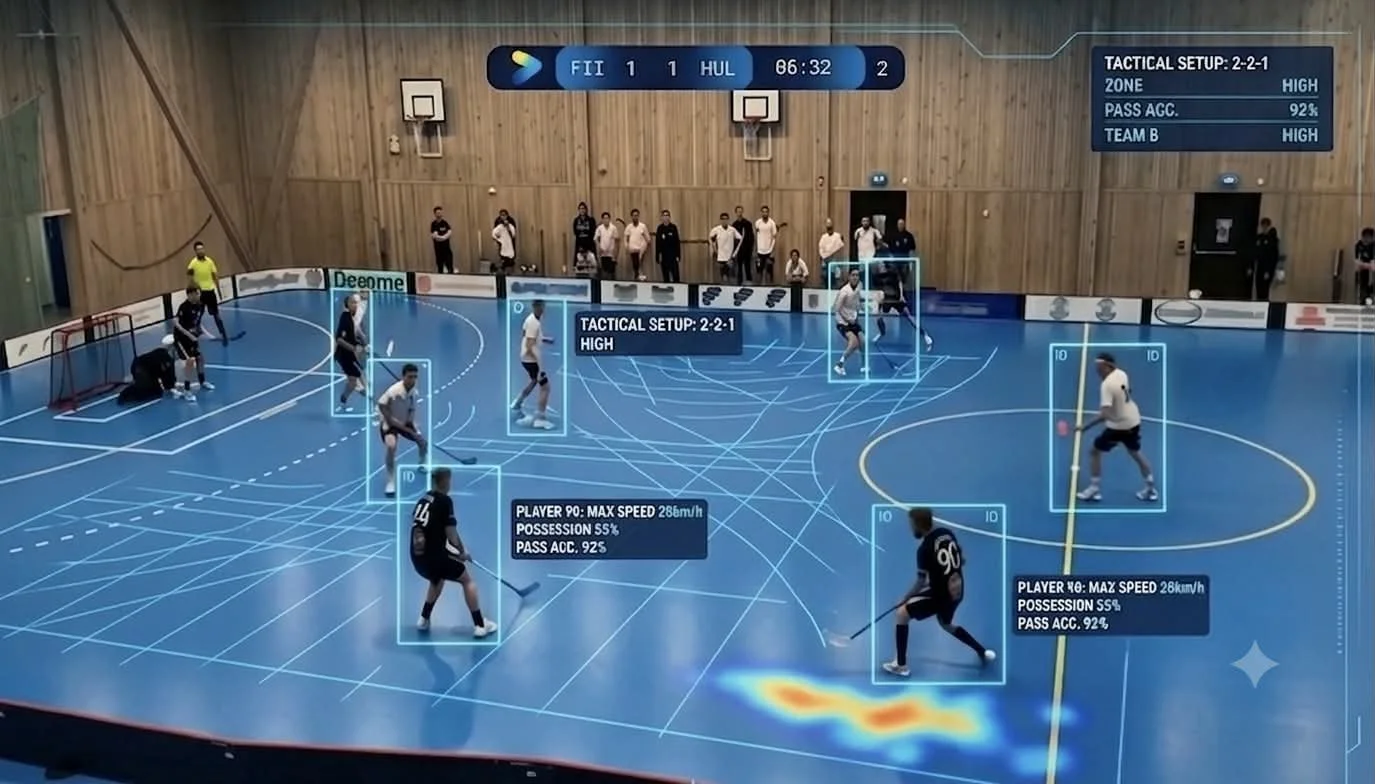 En innebandymatch med spelare, som är markerade med digitala överlägg som visar statistik som maxhastighet, bollinnehav och passningsprecision. En digital graf visas för att analysera rörelser. Publikum och laguppställning finns i bakgrunden. Fenwick