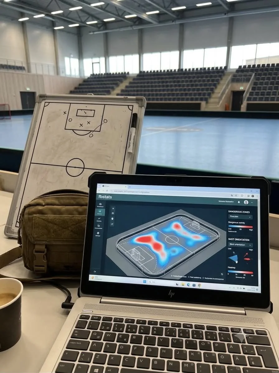 Ett laptop som visar en värmekarta över en innebandyarena, bredvid en whiteboard med strategikarta för innebandy på en fond av tomma läktare.