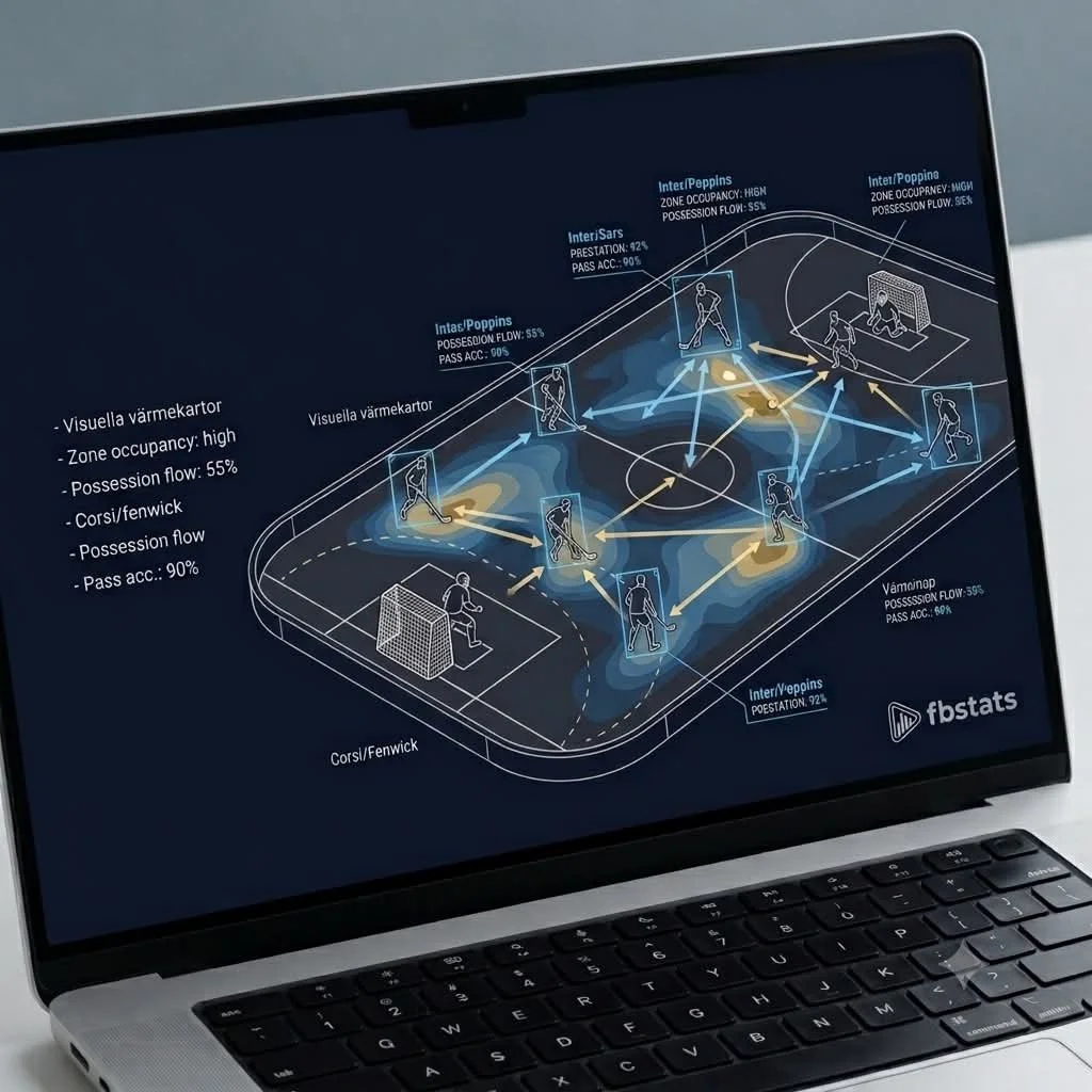 En laptop med en sportanalys på skärmen, som visar en 3D-modell av en innebandymatch med bevarad rörelse och positionsdata för spelarna.