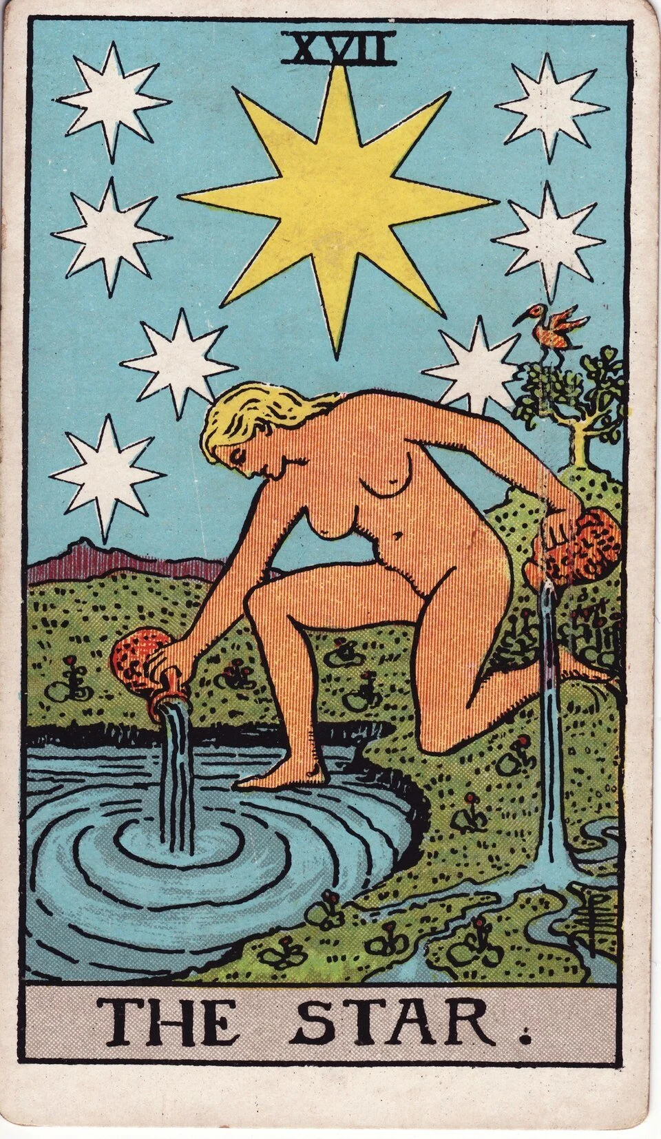 The Star, from the Rider–Waite–Smith tarot deck, illustrated by Pamela Colman Smith (1910). Public domain via Wikimedia Commons.