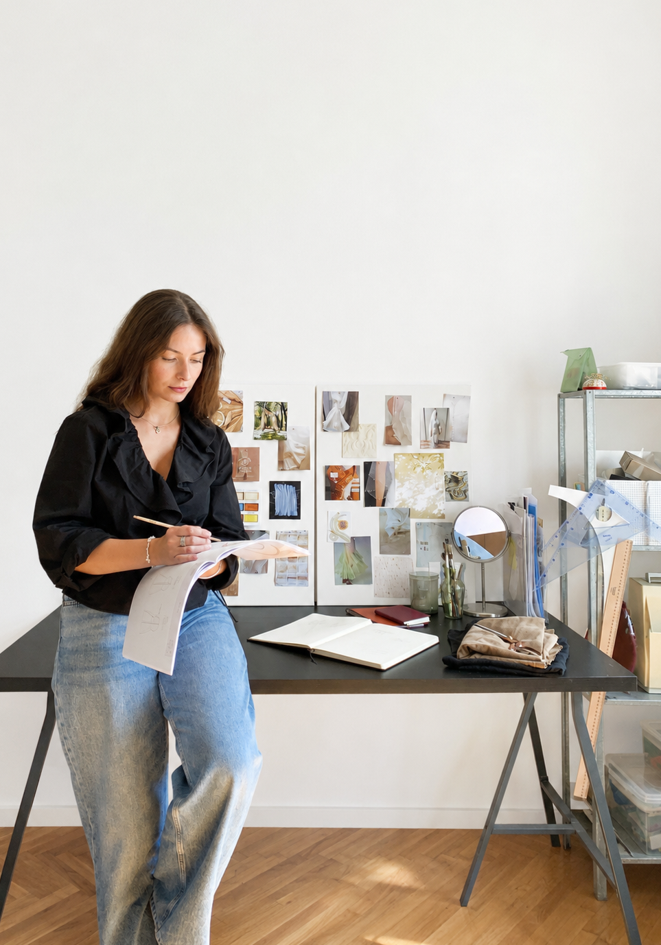 A woman in casual clothing standing at a black desk in a creative workspace, looking at a sketchbook and holding a pencil. The desk has open books, pens, and various art supplies. Behind her, a white wall displays color and material swatches, and a metal shelving unit holds craft supplies and rulers.