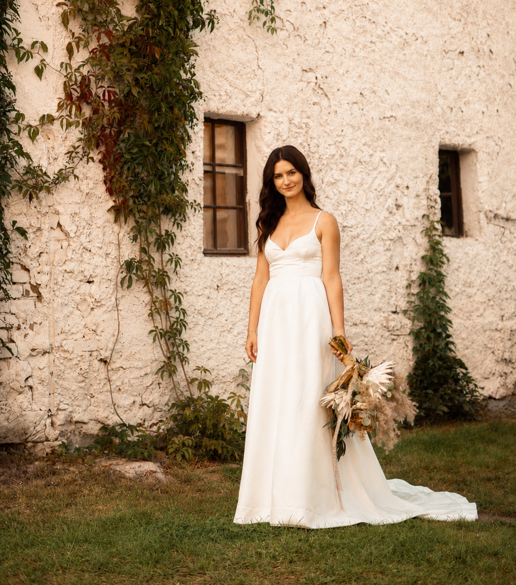 A woman in a white wedding dress holding a bouquet of flowers, standing outside near a textured white wall with windows and climbing plants.