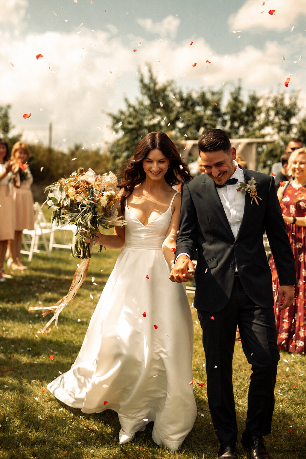 A newlywed couple is walking outside on a sunny day, smiling and holding hands. The bride is in a white wedding dress and holding a large bouquet, while the groom is in a black suit with a bow tie. Guests are celebrating and throwing flower petals around them.