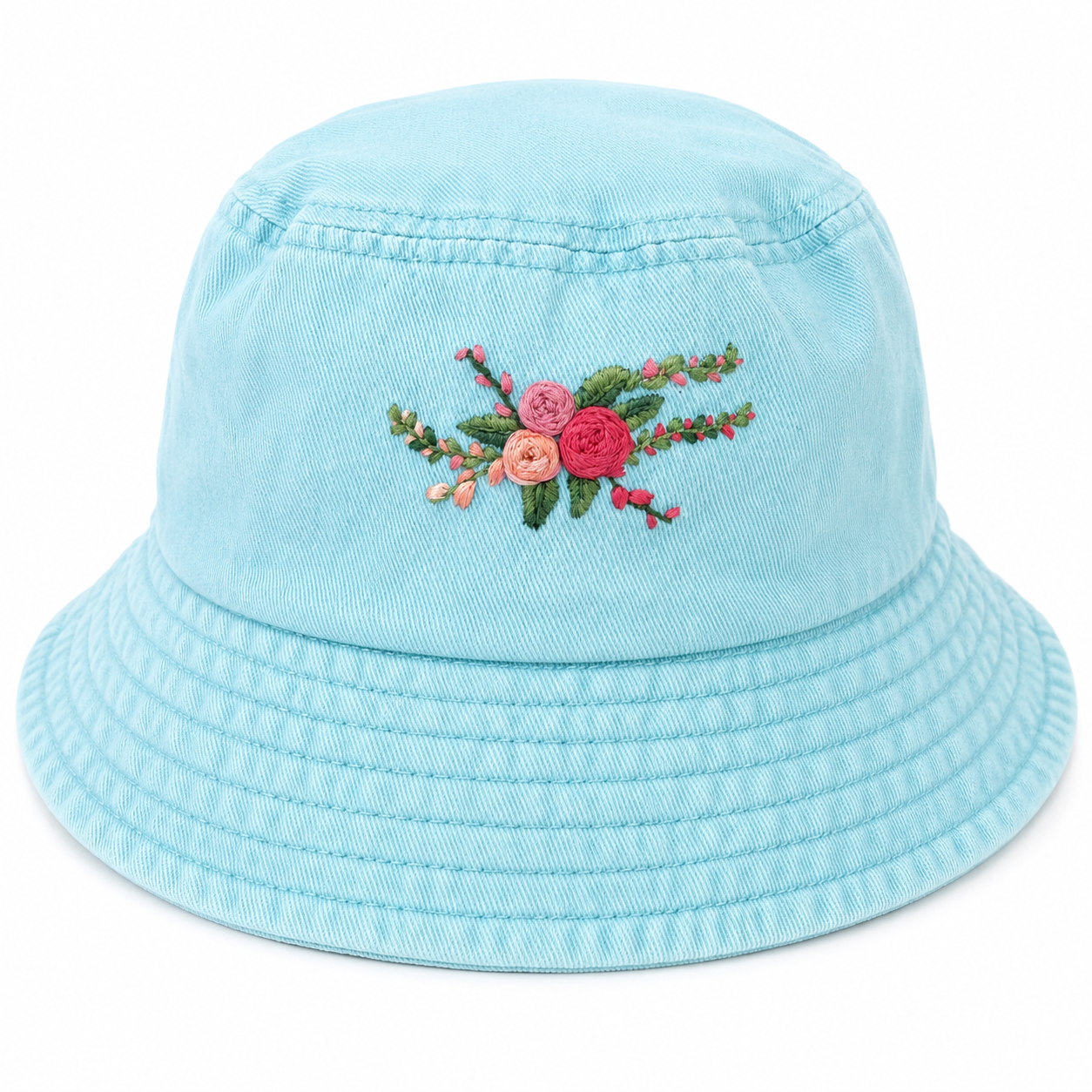 Light blue bucket hat with floral embroidery of pink and red flowers and green leaves.