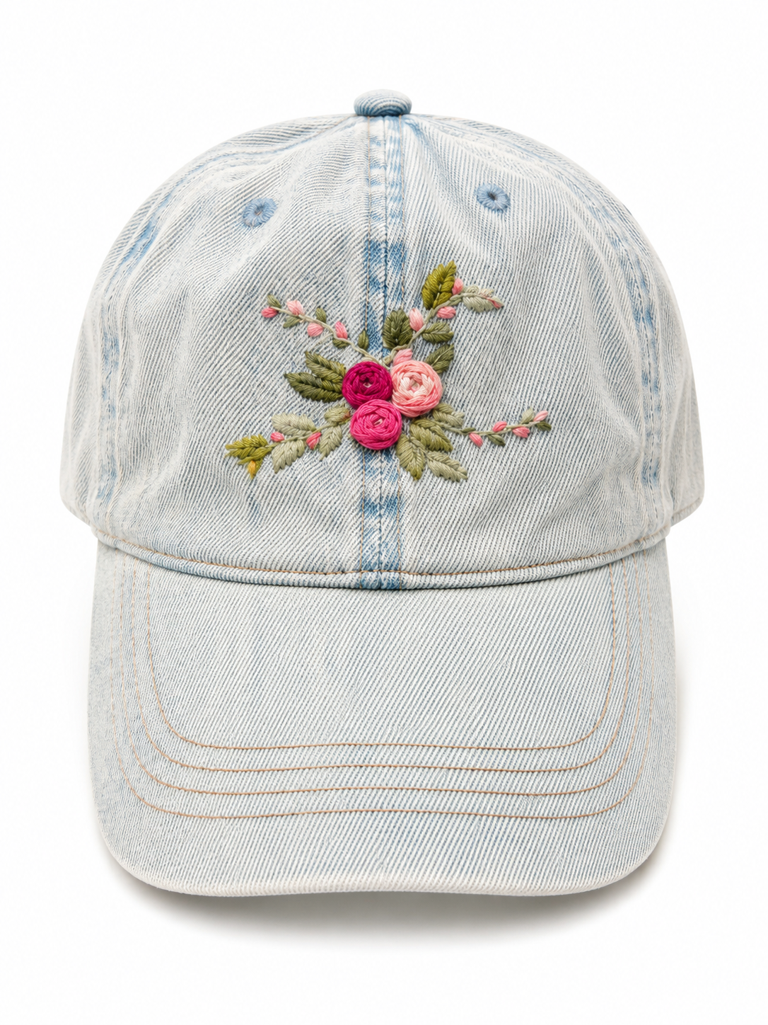 Light blue denim baseball cap with pink and green embroidered floral design on front