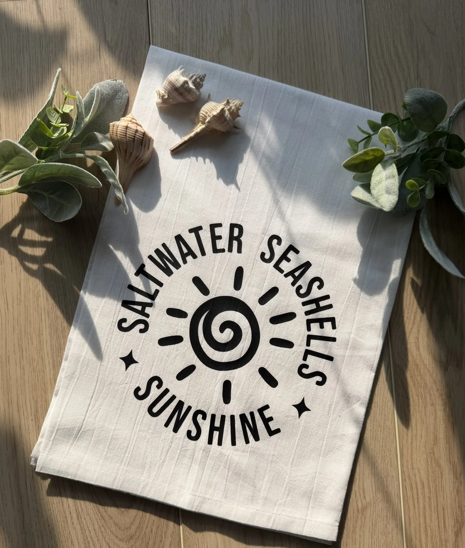Saltwater, Sunshine, Seashells Tea Towel