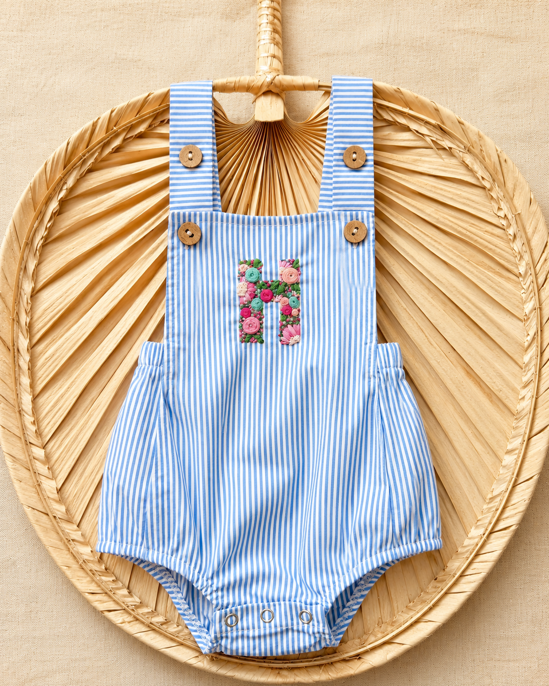 A blue and white striped baby romper with an embroidered floral letter 'H', hanging on a wicker circular backdrop.