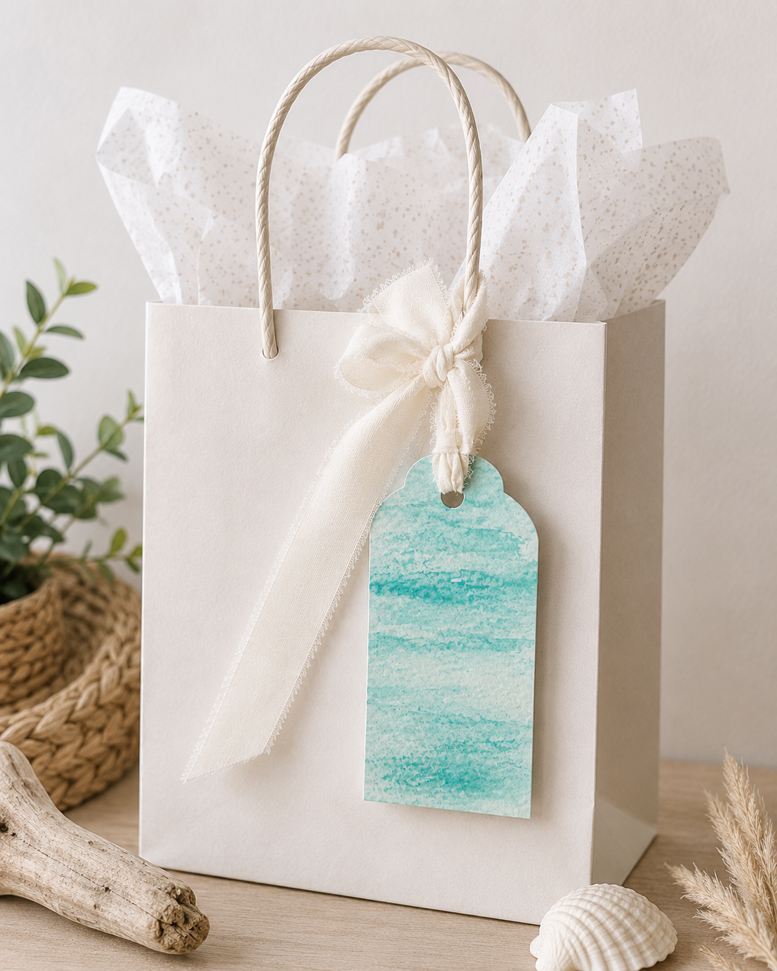 White gift bag with white tissue paper inside, tied with a cream ribbon and bow, with a aqua blue watercolor gift tag attached. The background has a plant, seashells, a piece of driftwood, and neutral decorative elements.