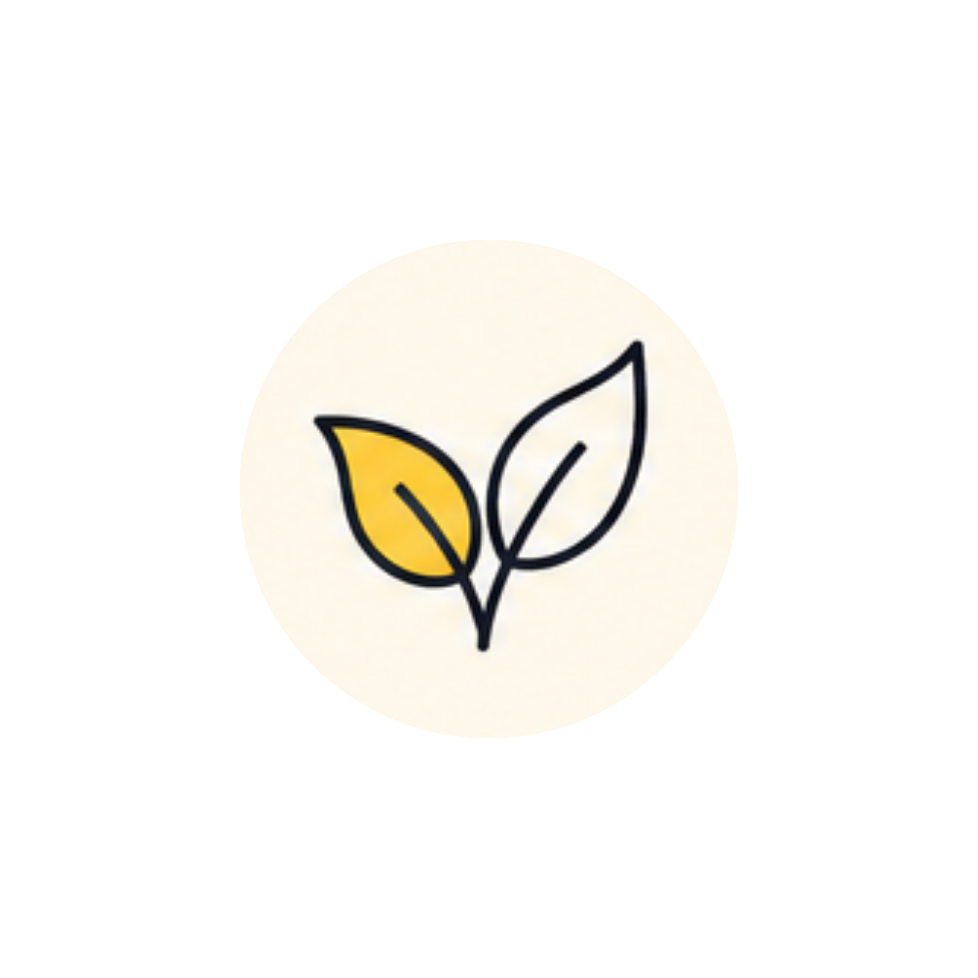 A black and white illustration of a smiling cartoon face with closed eyes and a raised hand, surrounded by a yellow leaf and black lines, on a white circular background.