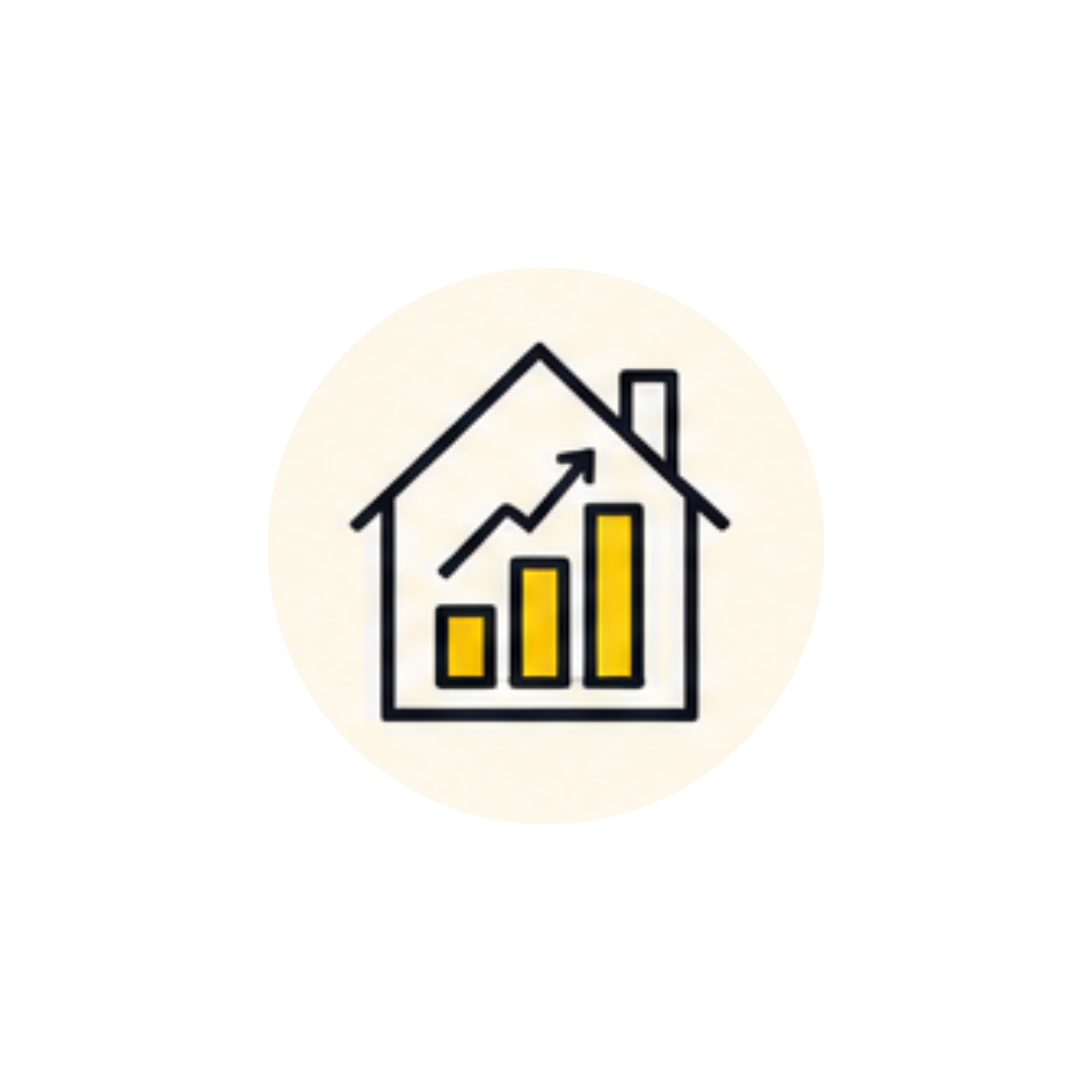 A line graph showing an upward trend with yellow bars and black arrows inside a house-shaped icon.