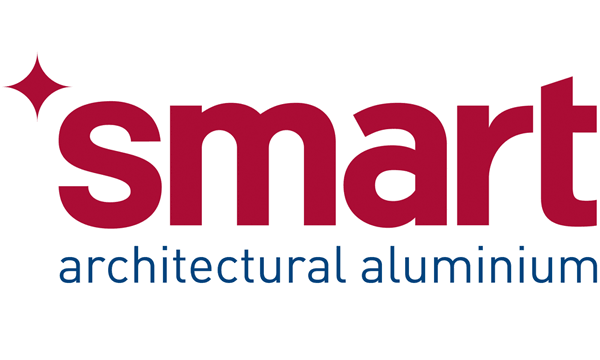 Logo for Smart Architectural Aluminum featuring the word "smart" in large maroon letters with a star accent, and "architectural aluminum" in smaller blue letters underneath.