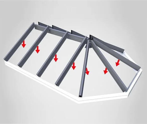 Diagram of a structure with beams supported by pillars, with downward arrows indicating weight or force applied on the beams.