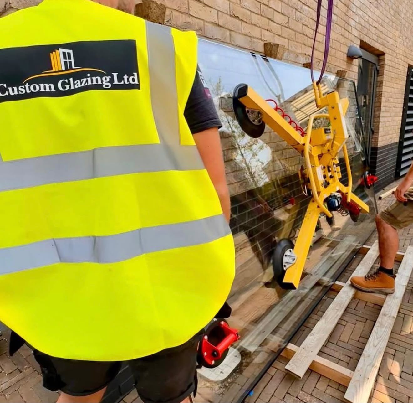 Workers install a large glass window on a brick building using a specialized yellow suction cup lifter, with wood planks on the sidewalk for support.