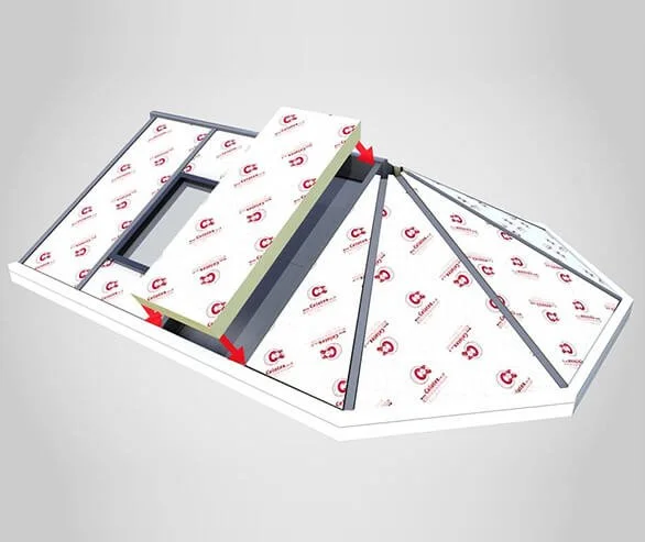 Diagram of roof insulation and waterproofing installation with insulation board and membrane layers.