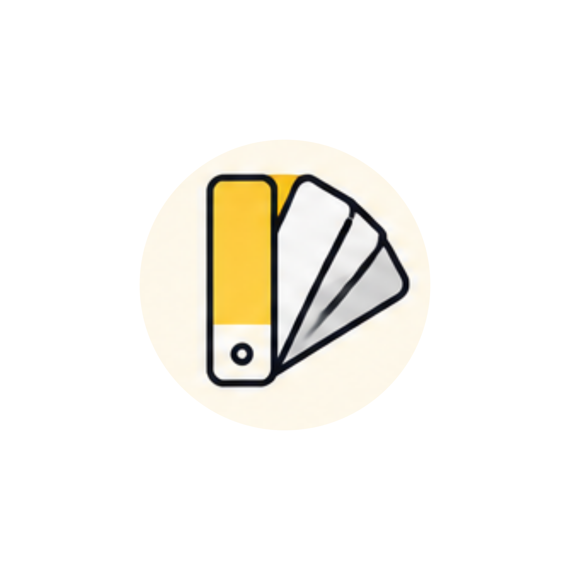 Illustration of a hand holding a small white and yellow object, possibly a card or paper, with black outlines and design on a white circular background.