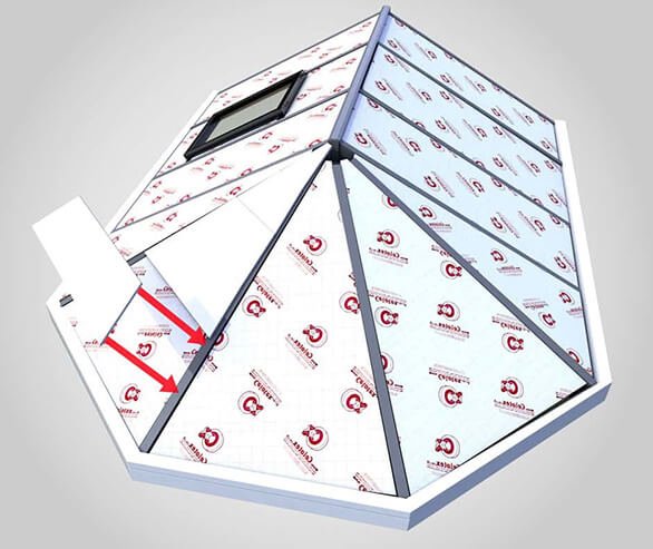 A close-up view of a 3D model of a pyramid-shaped structure with insulation panels printed with a logo and barcodes, a small black-framed window, and a removable panel with red arrows indicating its position.