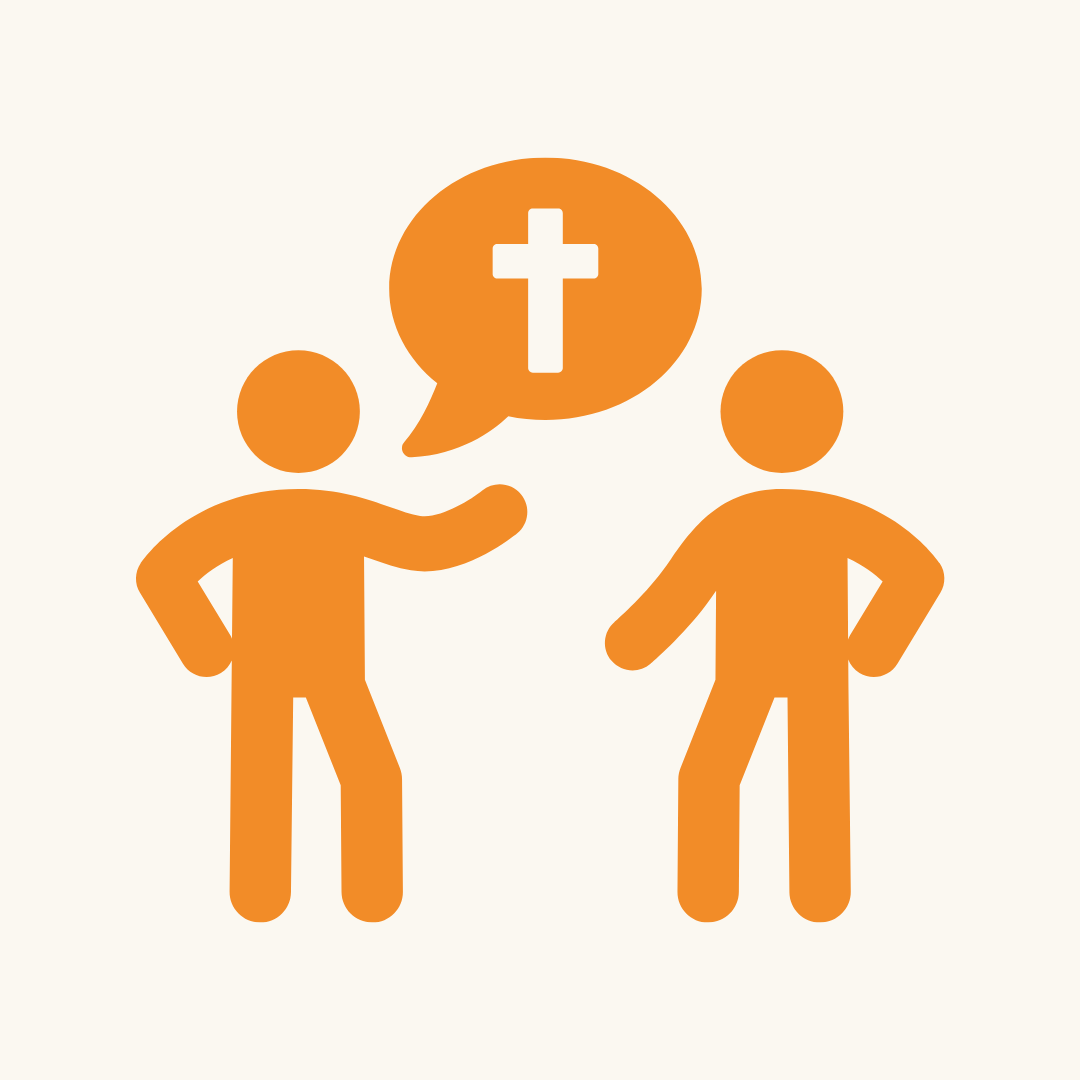 Two icons of people with a speech bubble that has a cross inside to represent gospel coversations
