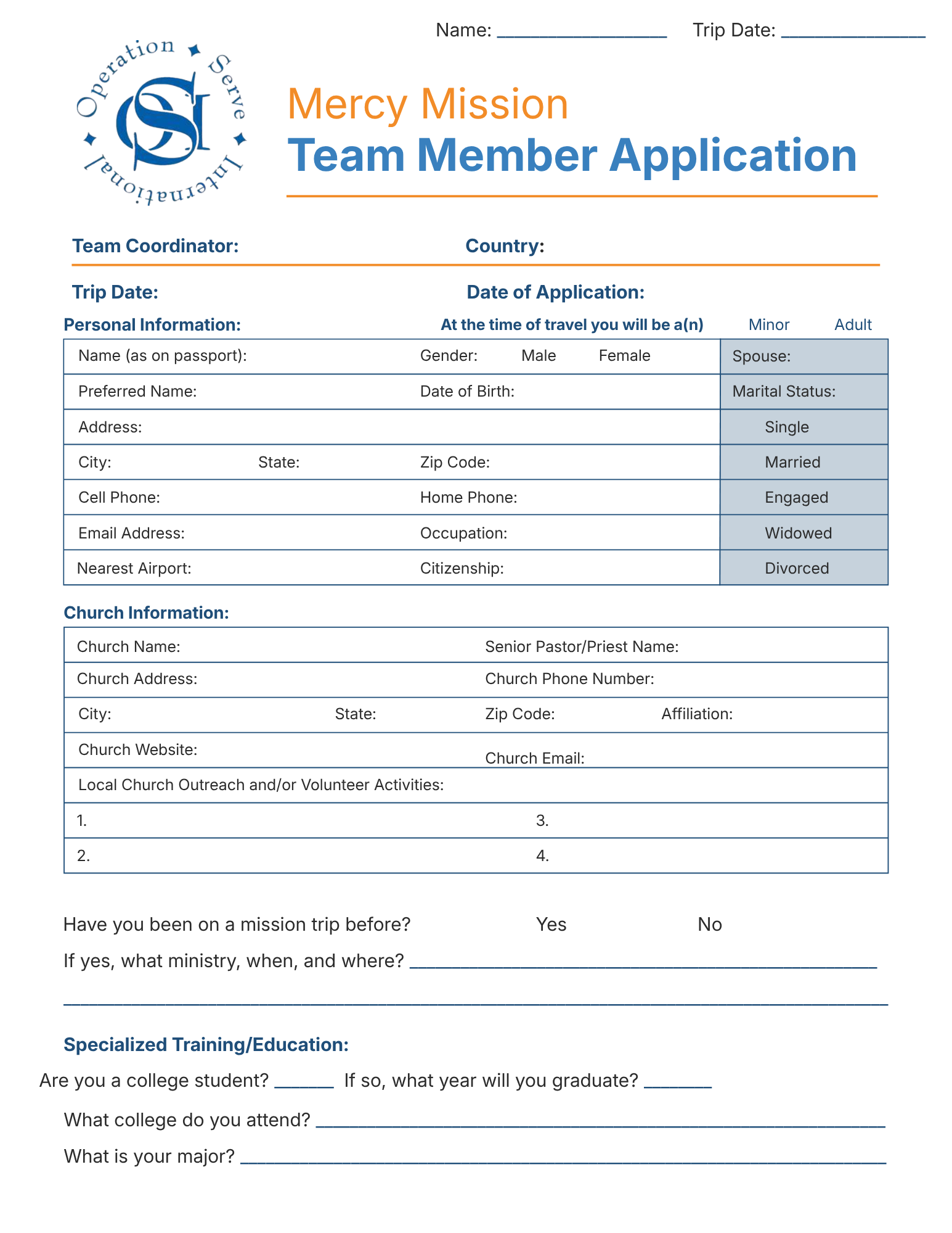 OSI Mercy Mission Team Member Application