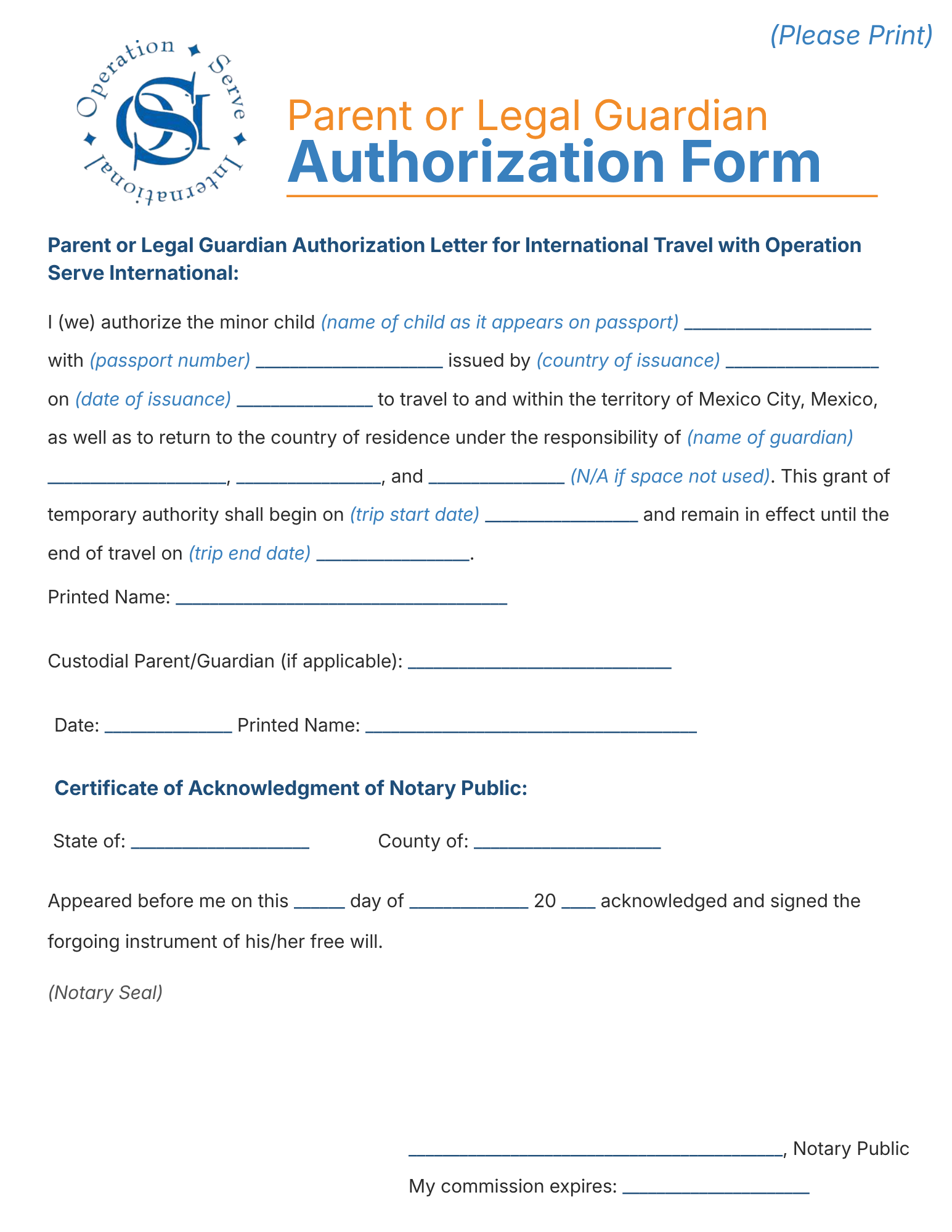 OSI Legal Guardian Authorization Form