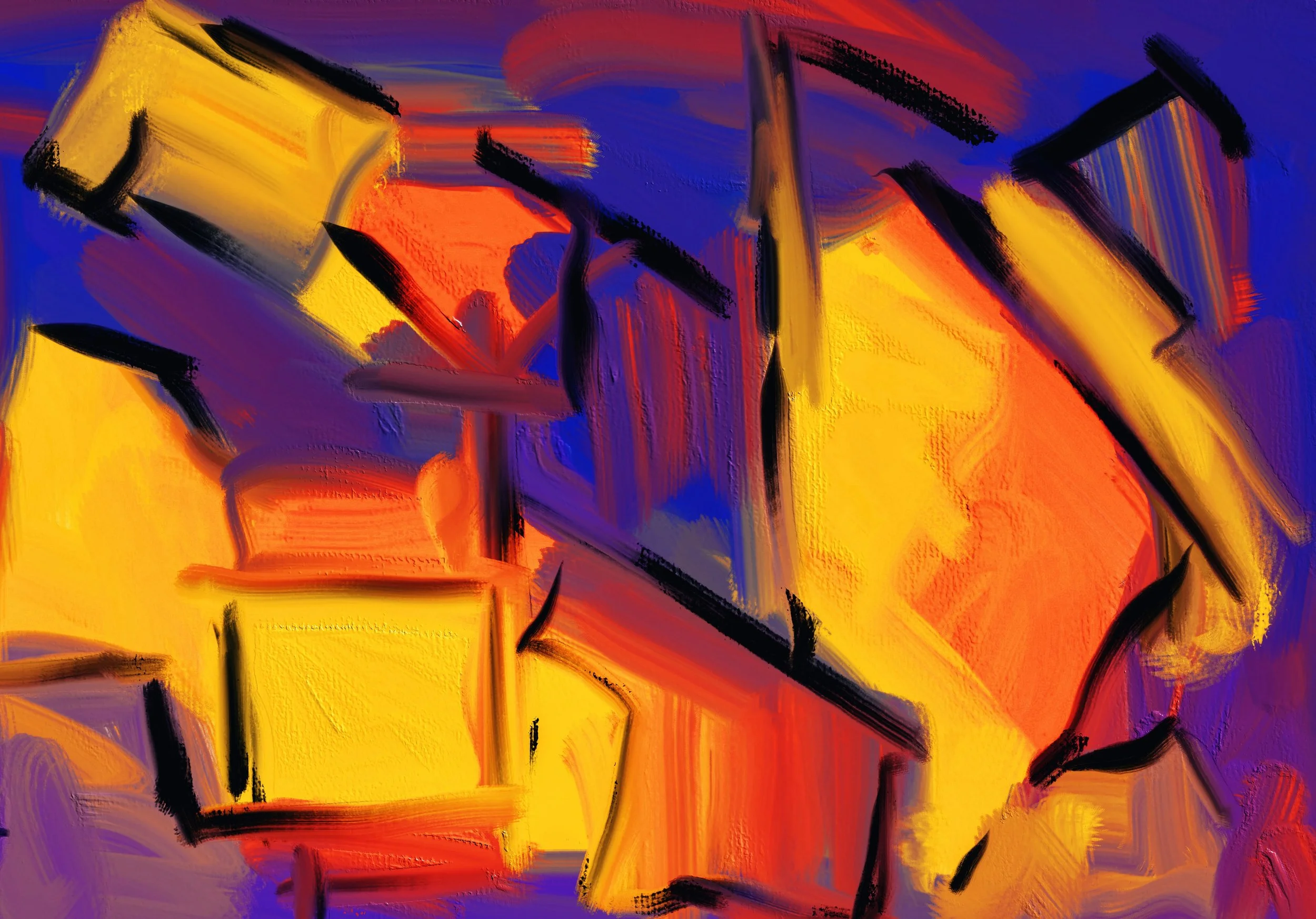 Abstraktes Gemälde mit beeindruckenden Farbverläufen in Gelb, Orange, Lila, Blau und Schwarz, mit dynamischen Pinselstrichen.