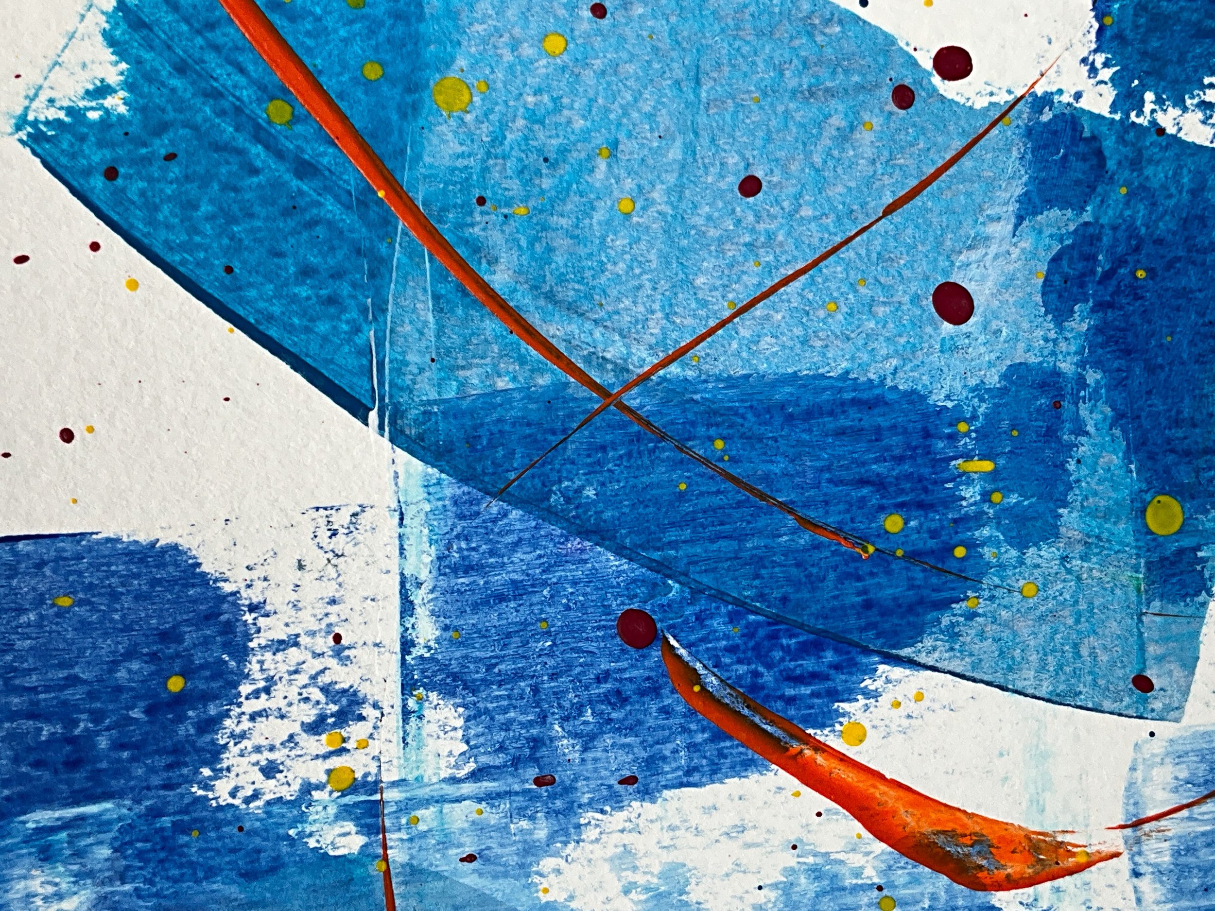 Abstraktes Gemälde mit blauer Grundfarbe, gelben und roten Farbspritzern, sowie orangefarbenen Linien und Flächen.