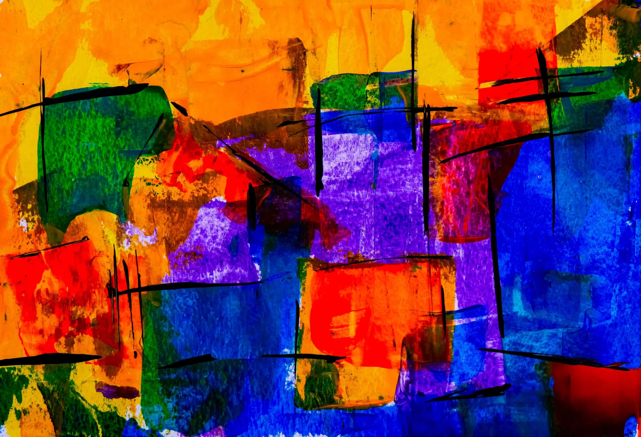 Abstrakte bunte Malerei mit verschiedenen Farben wie Gelb, Rot, Blau, Grün und Lila, mit schwarzen Linien und Formen.