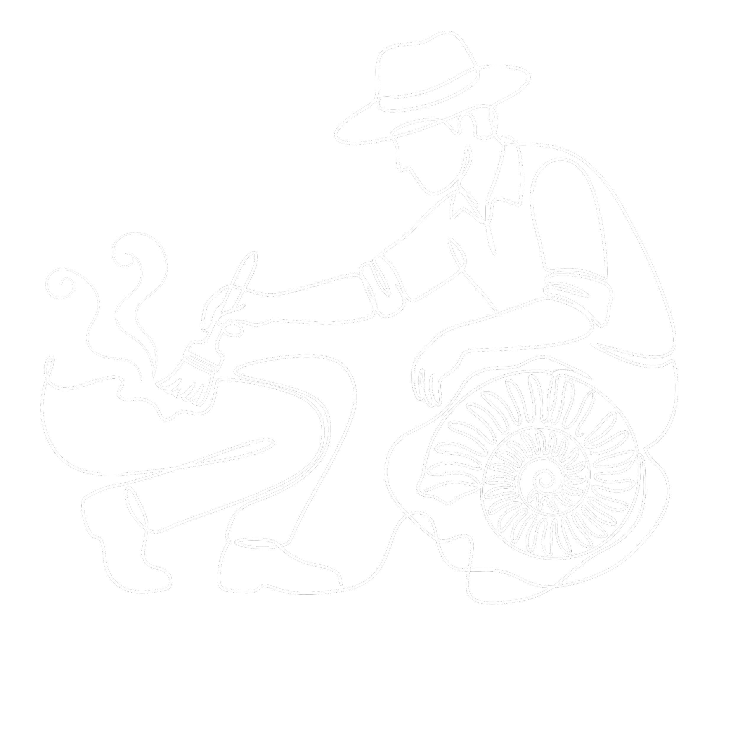 Line drawing of a person wearing a hat, glasses, and a shirt, sitting at a table with a steaming coffee cup and decorative swirling steam.