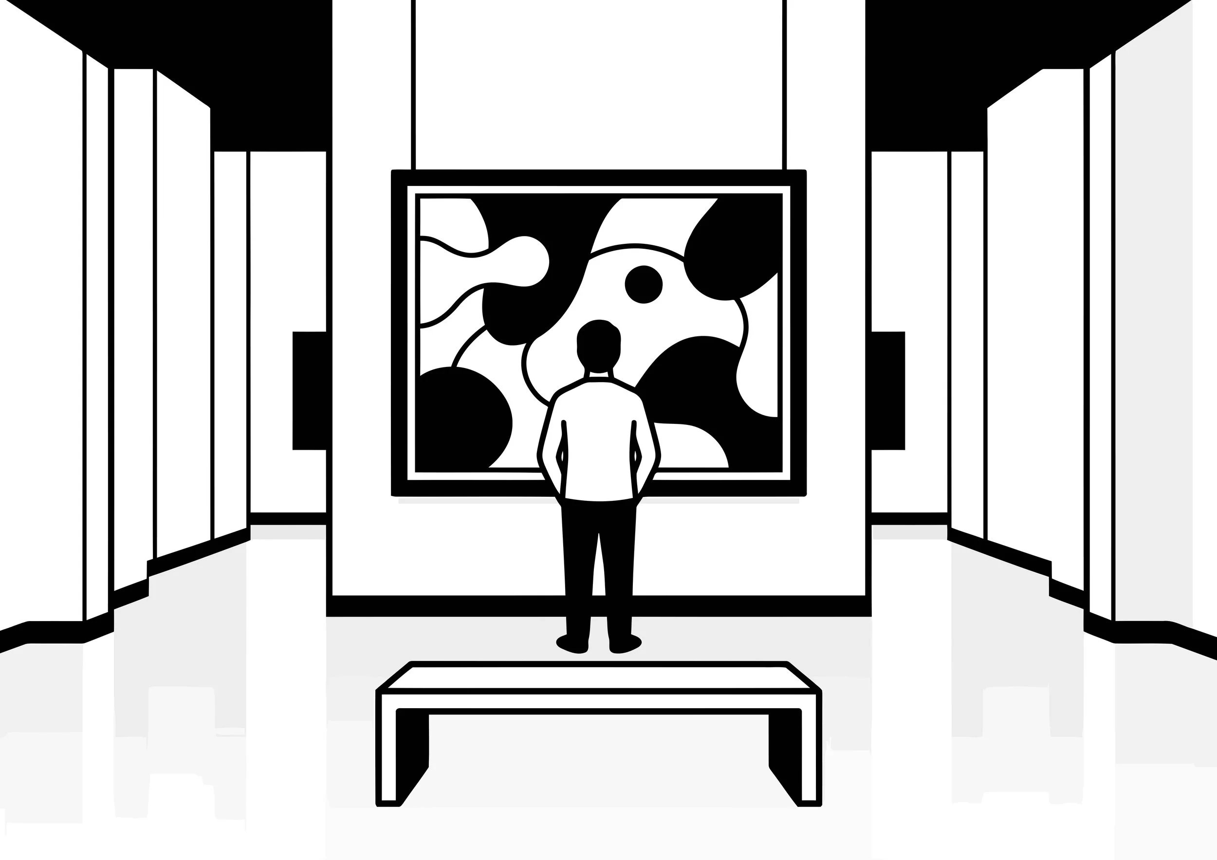 A person standing in front of an art piece with black and white organic shapes in a gallery with open doors on either side.