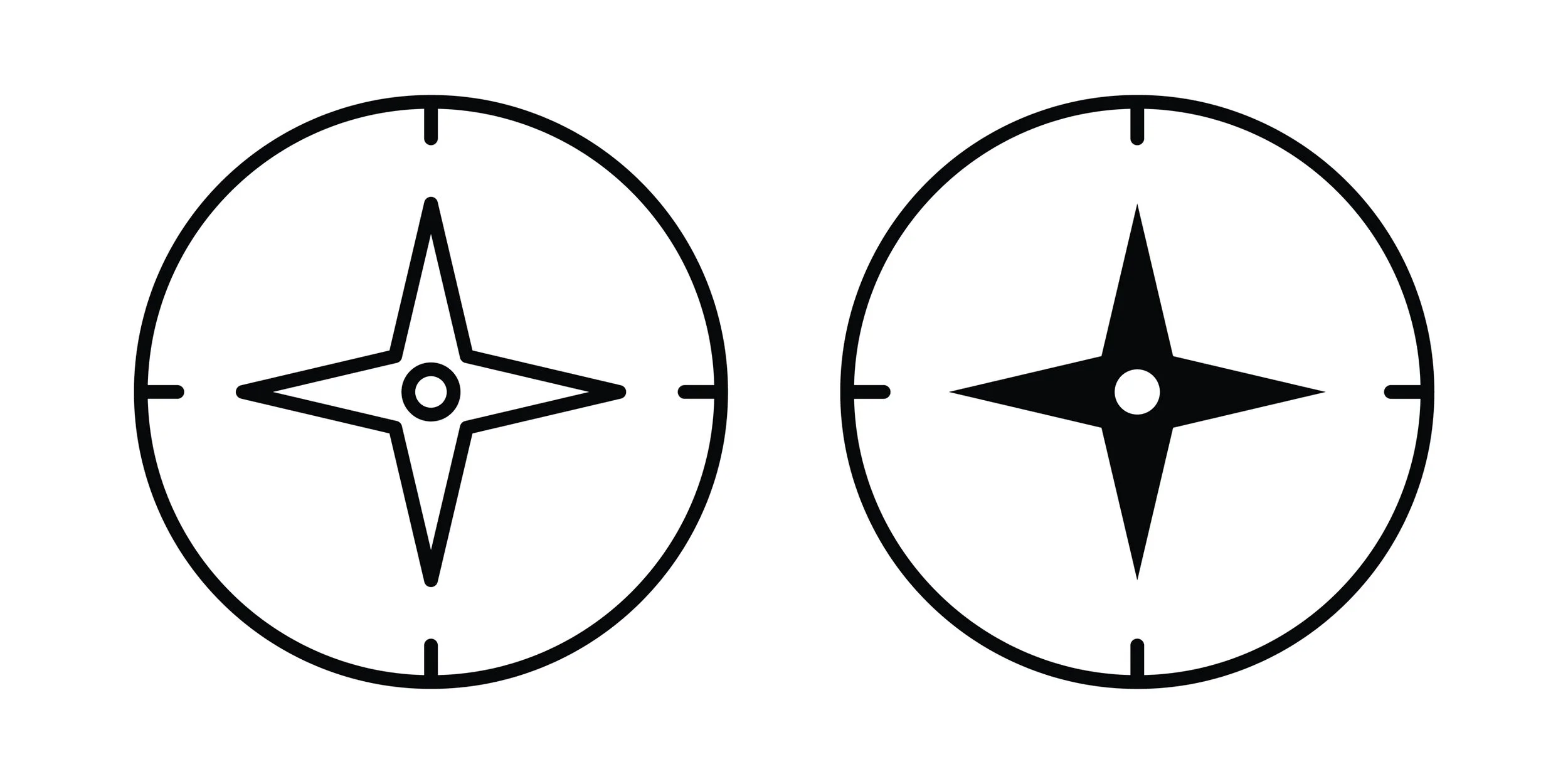 Two clock faces with star-shaped center designs, one with a black silhouette and the other outlined in black.