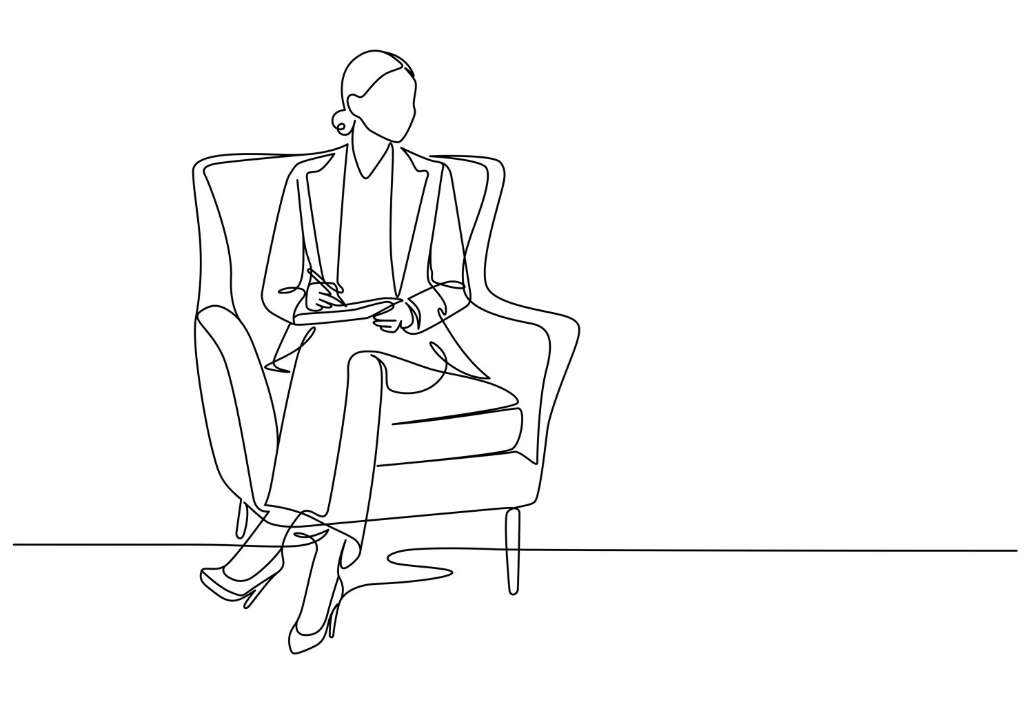 Line drawing of a woman sitting on a chair, wearing a blazer and high heels, with legs crossed and holding a notepad or tablet.