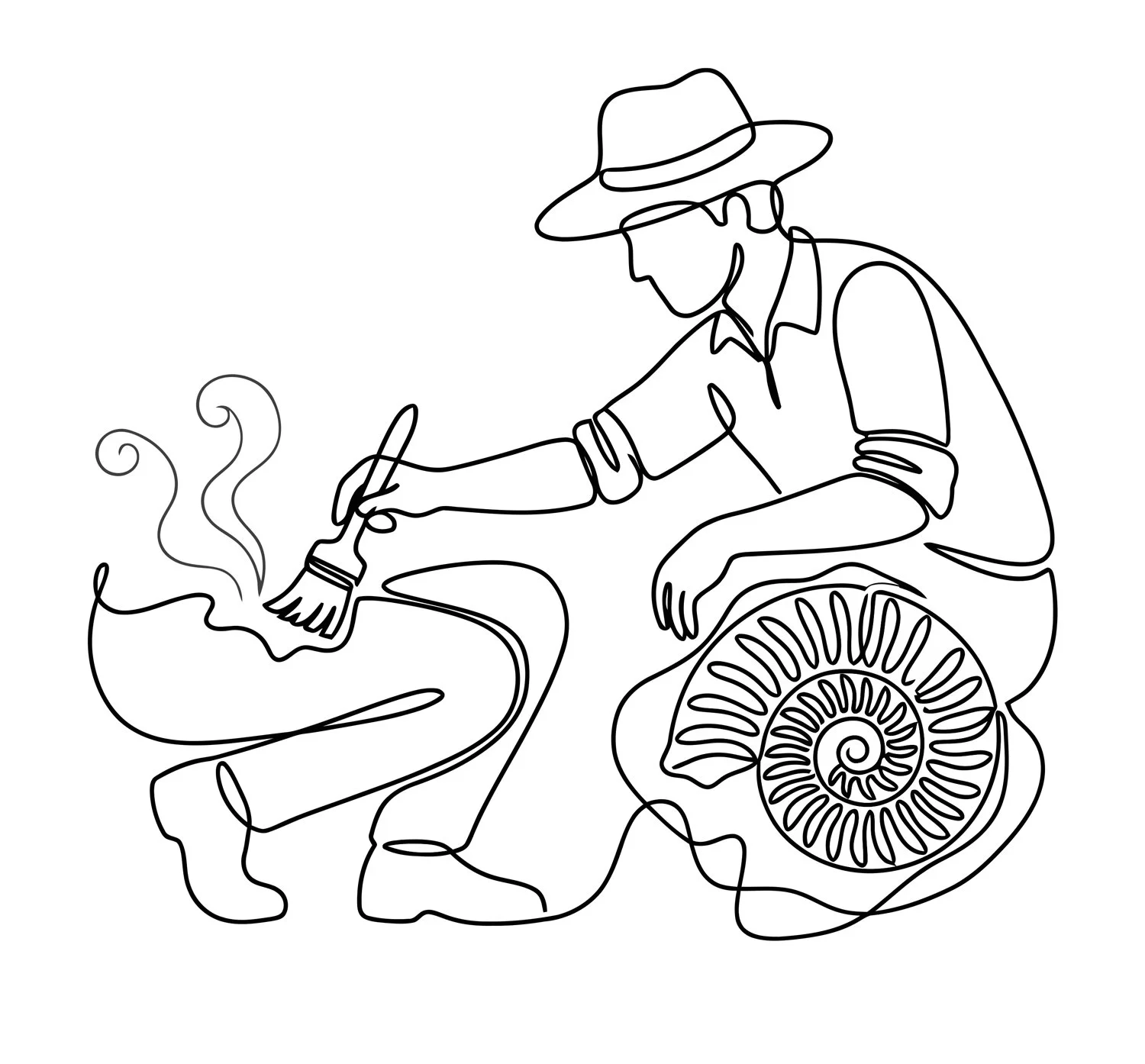 Line drawing of a person in a wheel chair planting or watering a plant.