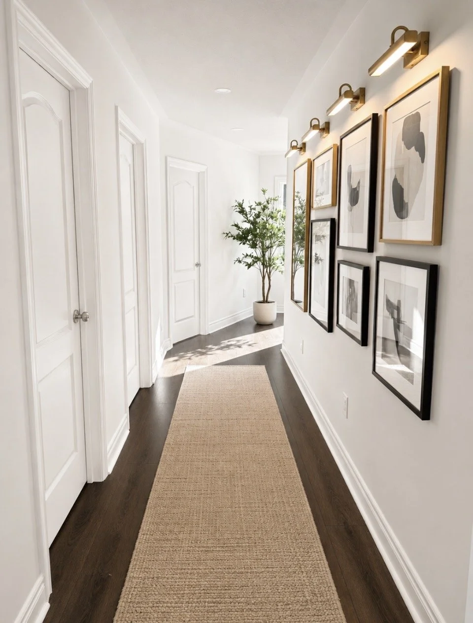 Bright hallway with white walls, dark wood floors, and a beige runner rug. Six black and gold-framed minimalist art prints are hung on the right wall, illuminated by three wall-mounted lights. A tall potted plant is at the end of the hallway, near a window letting in natural light.