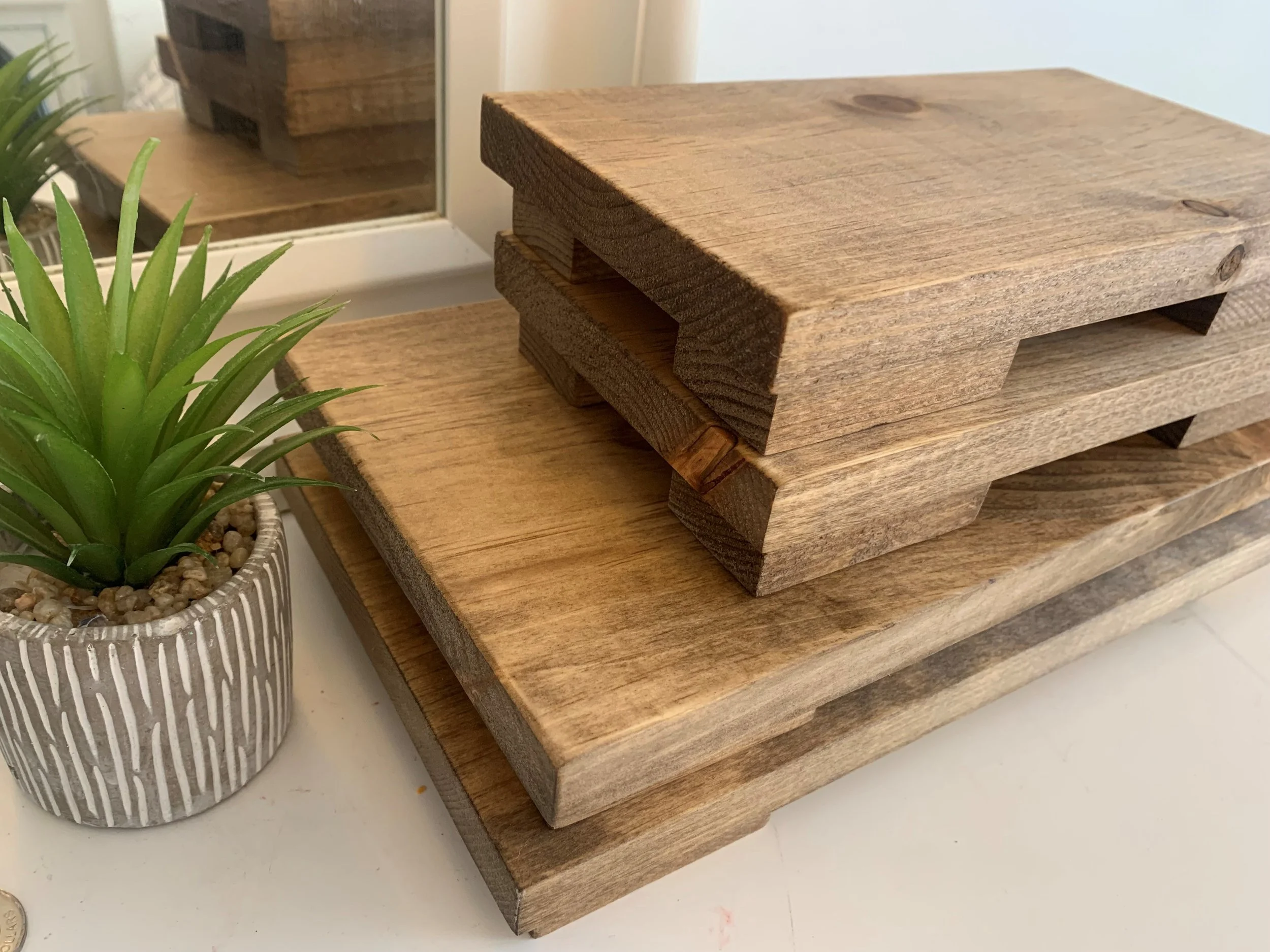 Handcrafted wood display riser perfect for kitchens, shelves, bathrooms and coffee tables.