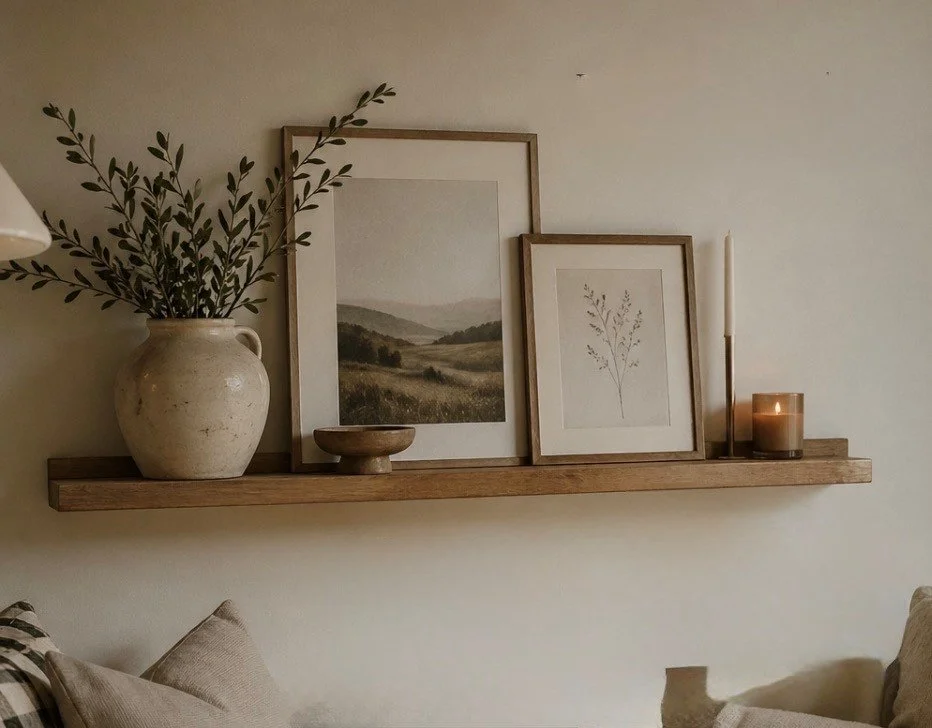 Handmade wood picture ledge for displaying framed photos, artwork and seasonal decor.