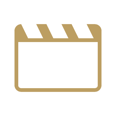 Icon of a film clapperboard in gold on a black background.