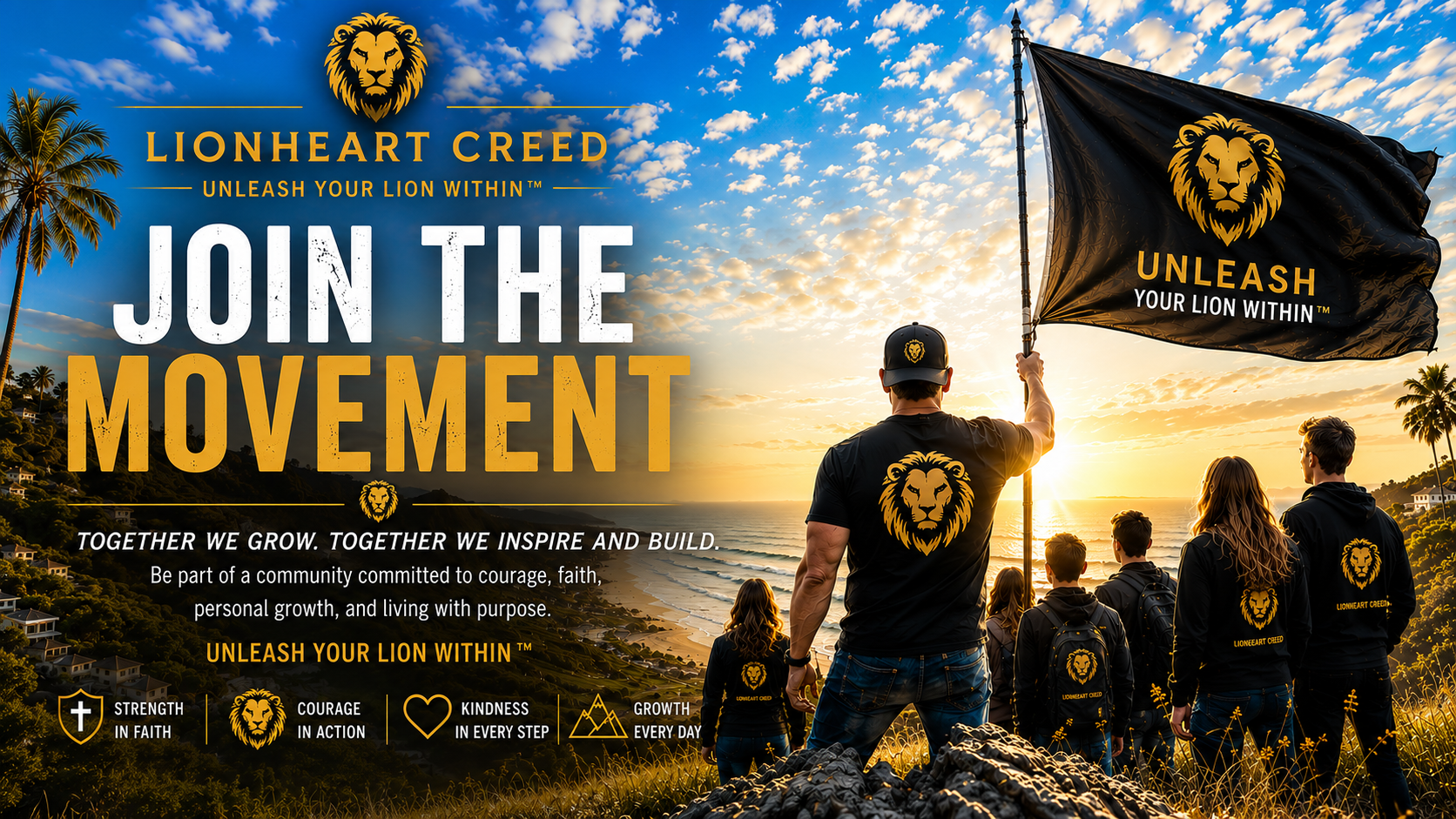 Group of young people wearing black Lionheart Creed jackets and hats, standing on a hill at sunset, holding a flag with a lion's face and the words "Unleash Your Lion Within," overlooking a coastal landscape with palm trees and houses.