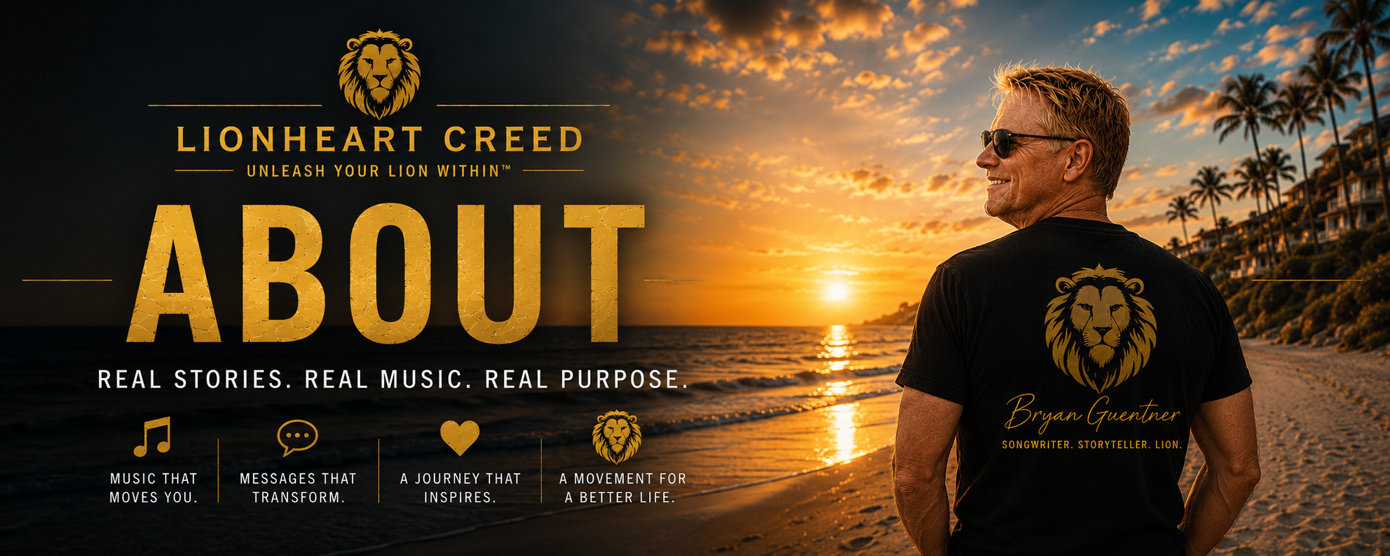 A man with sunglasses wearing a black t-shirt with a lion logo on the back, standing on a beach at sunset, with palm trees and homes in the background, promoting Lionheart Creed and Bryan Guentner, songwriter and storyteller.