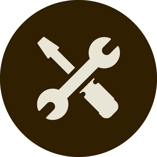 Icon of a wrench, screwdriver, and hammer crossed over a dark brown background.