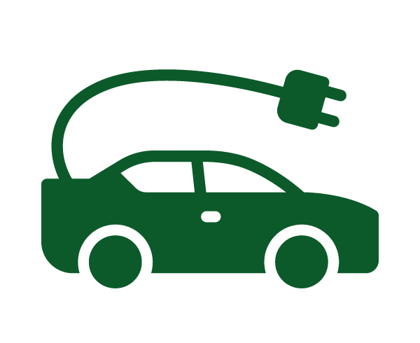 Icon of a green electric car with a charging cable.